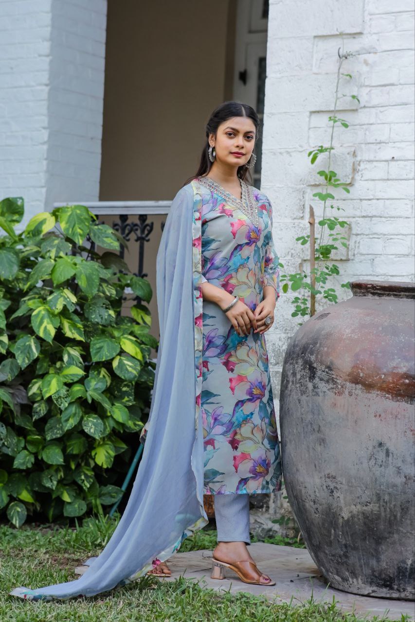 Women Georgette Print and Embrodery Work Stitched Sky Kurta Set With Georgette Sky Dupatta