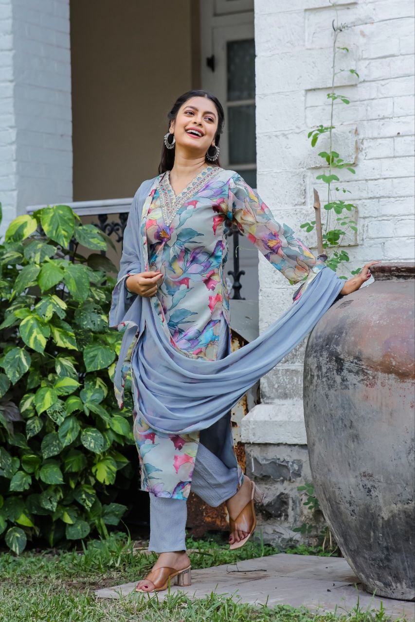 Women Georgette Print and Embrodery Work Stitched Sky Kurta Set With Georgette Sky Dupatta