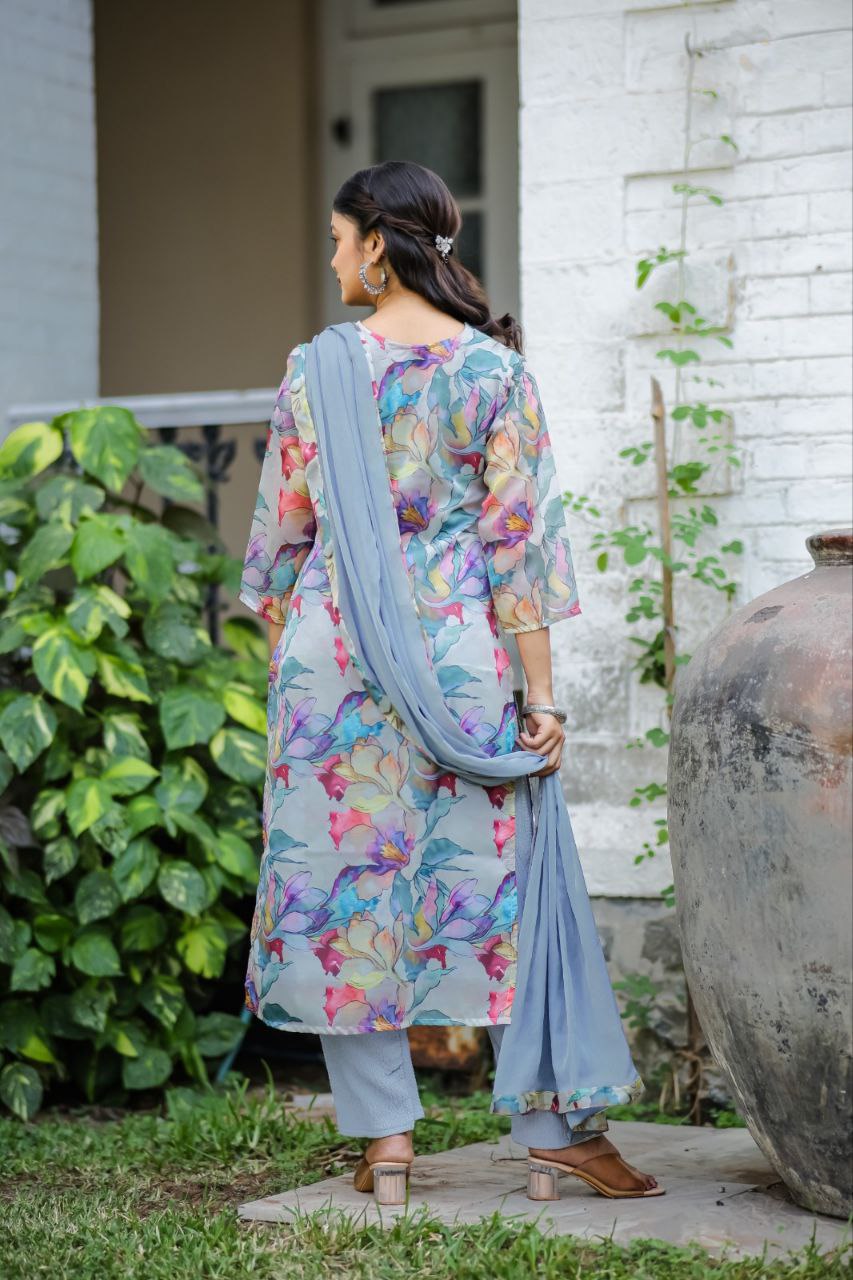 Women Georgette Print and Embrodery Work Stitched Sky Kurta Set With Georgette Sky Dupatta