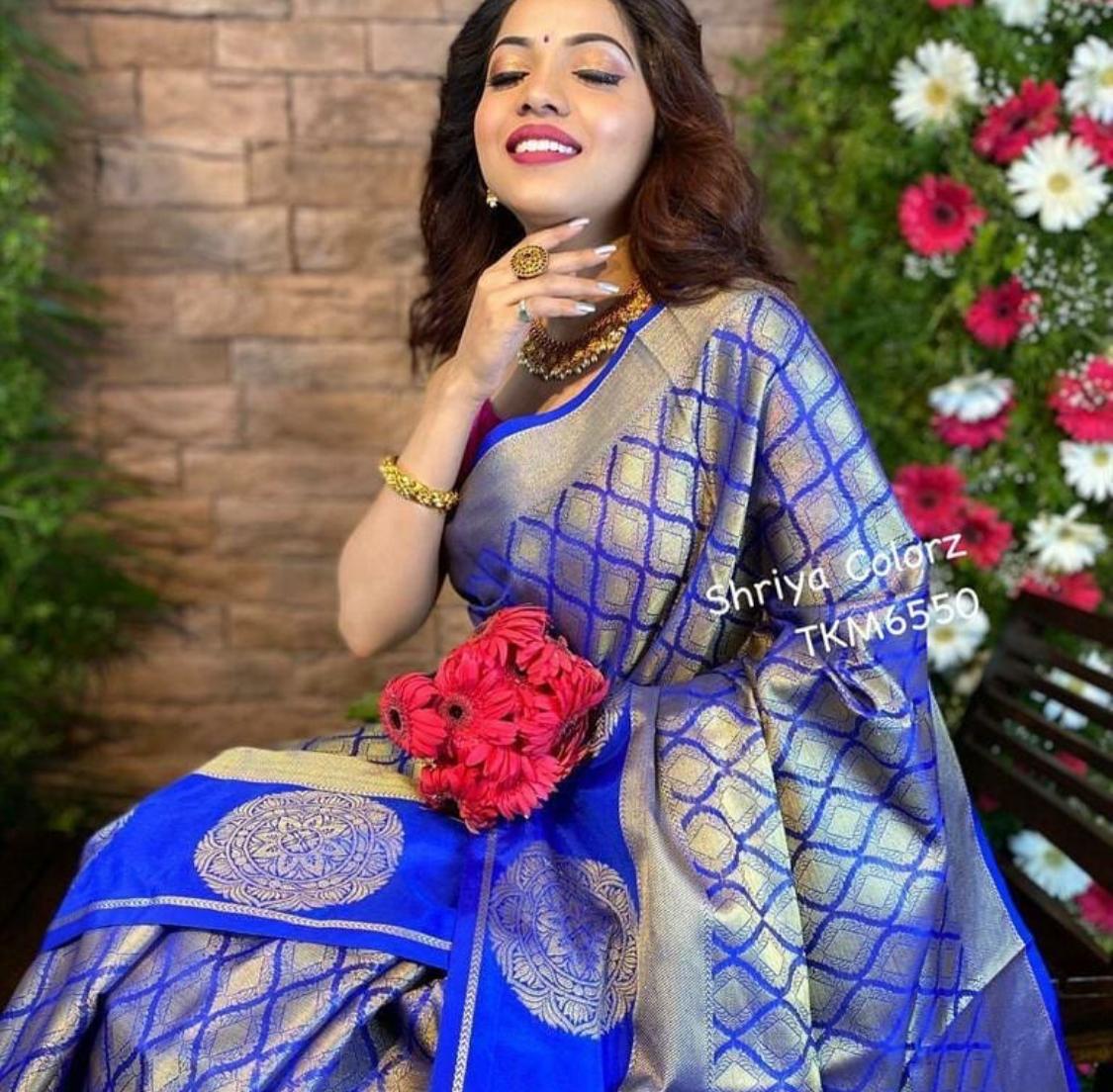 Liklee Partywaer Blue Soft Silk Saree With Pretty Blouse Piece