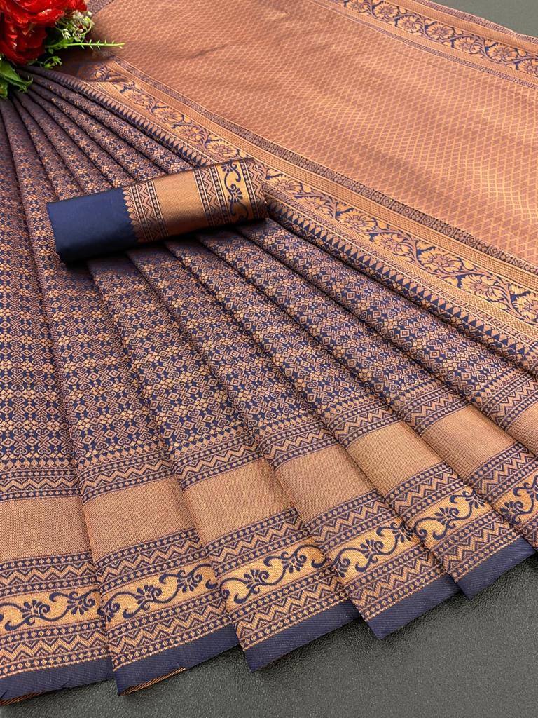 Liklee Festival Wear Blue Soft Lichi Silk Saree With Heavy Border