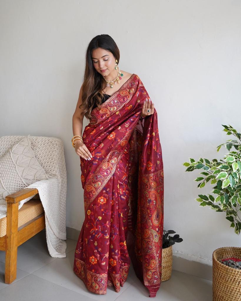 Liklee Maroon Amazing Soft Banarasi Silk Saree with Unique Blouse Piece