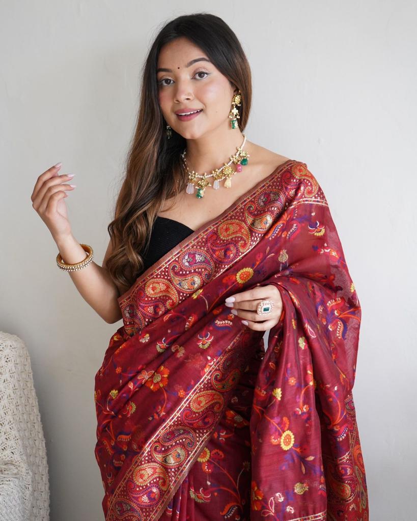 Liklee Maroon Amazing Soft Banarasi Silk Saree with Unique Blouse Piece