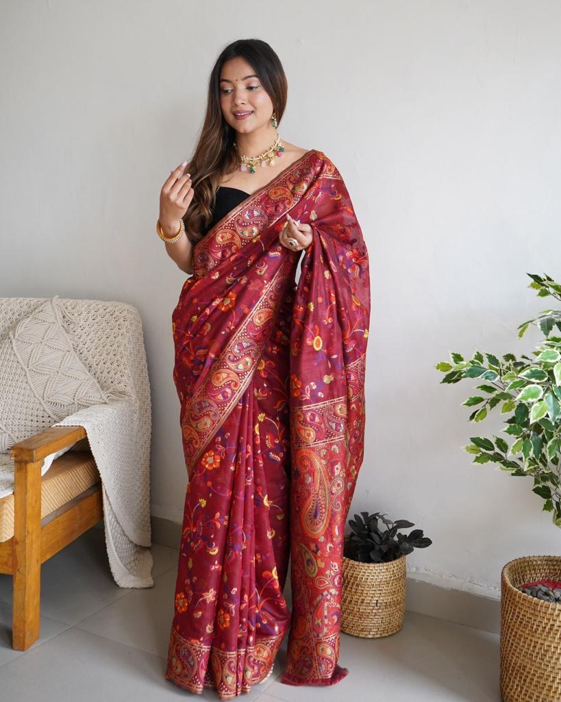 Liklee Maroon Amazing Soft Banarasi Silk Saree with Unique Blouse Piece