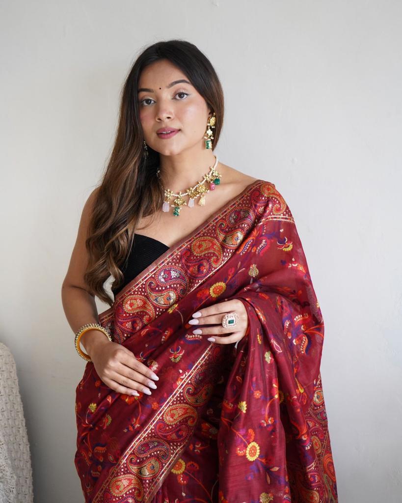 Liklee Maroon Amazing Soft Banarasi Silk Saree with Unique Blouse Piece