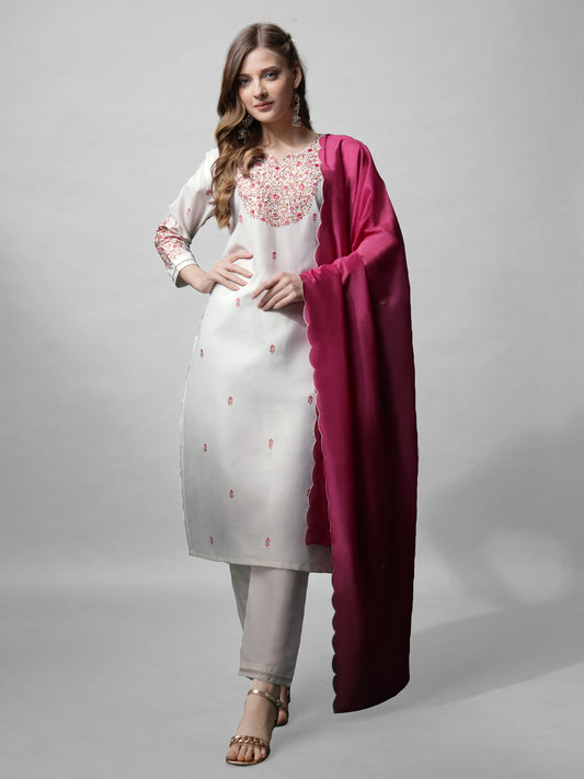 Women Cotton Blend Embroidery Work Stitched White Kurti Set With Silk Blend Multicolor Dupatta