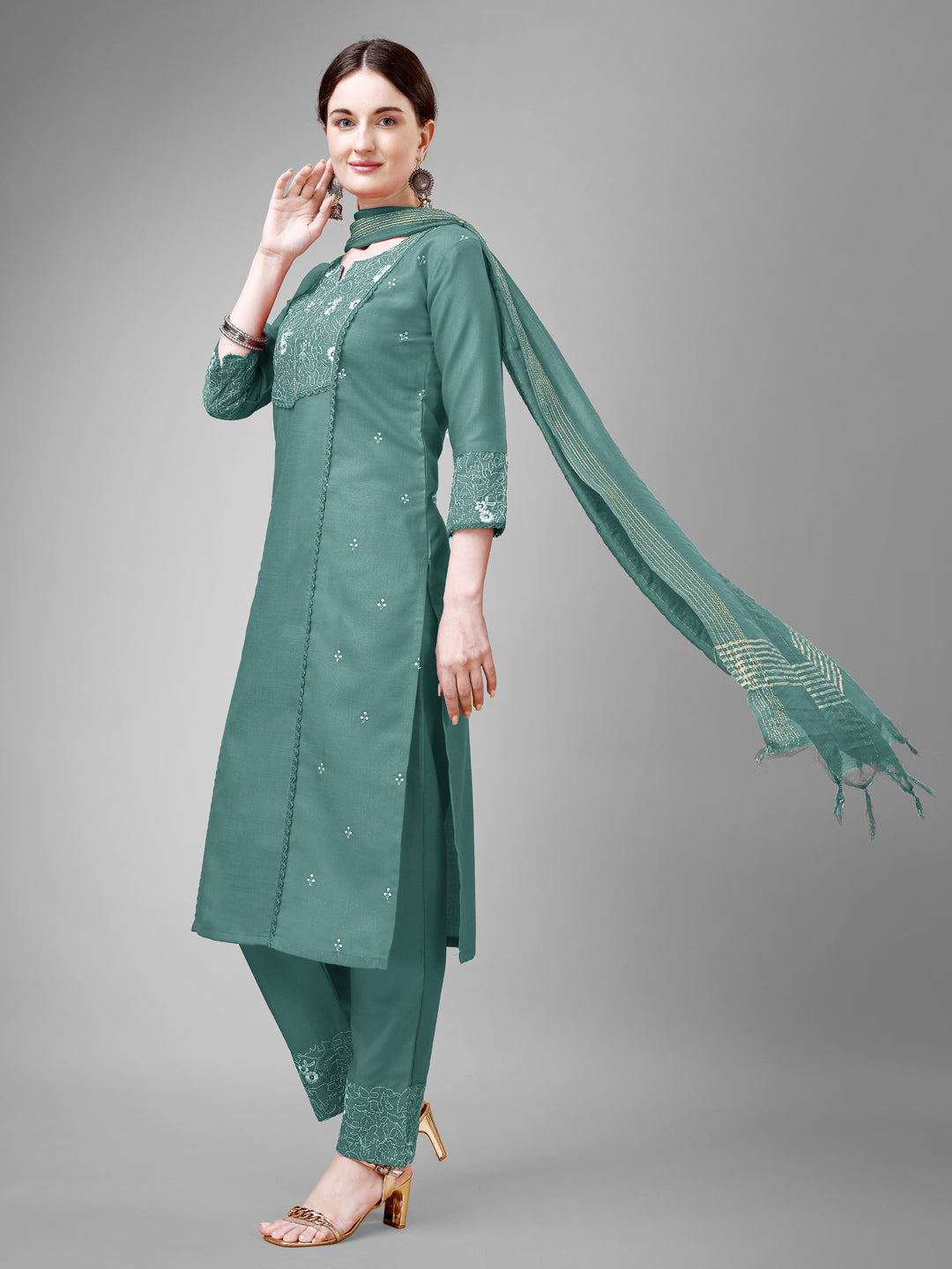 Women Cotton Blend Embroidery Work Stitched Teal Kurti Set With Silk Blend Multicolor Dupatta