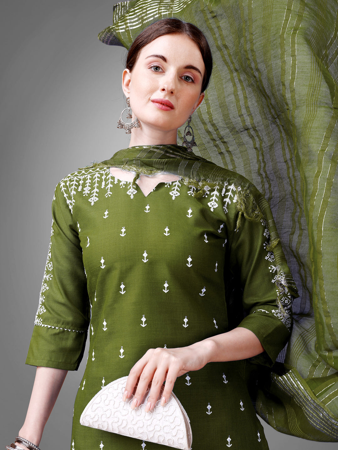 Women Cotton Blend Embroidery Work Stitched Mehendi Kurti Set With Silk Blend Multicolor Dupatta