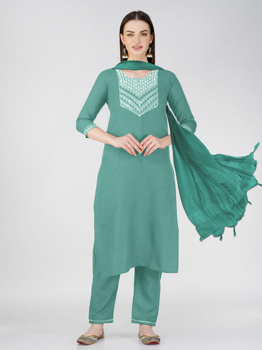 Women Cotton Blend Embroidery Work Stitched Teal Kurti Set With Silk Blend Multicolor Dupatta