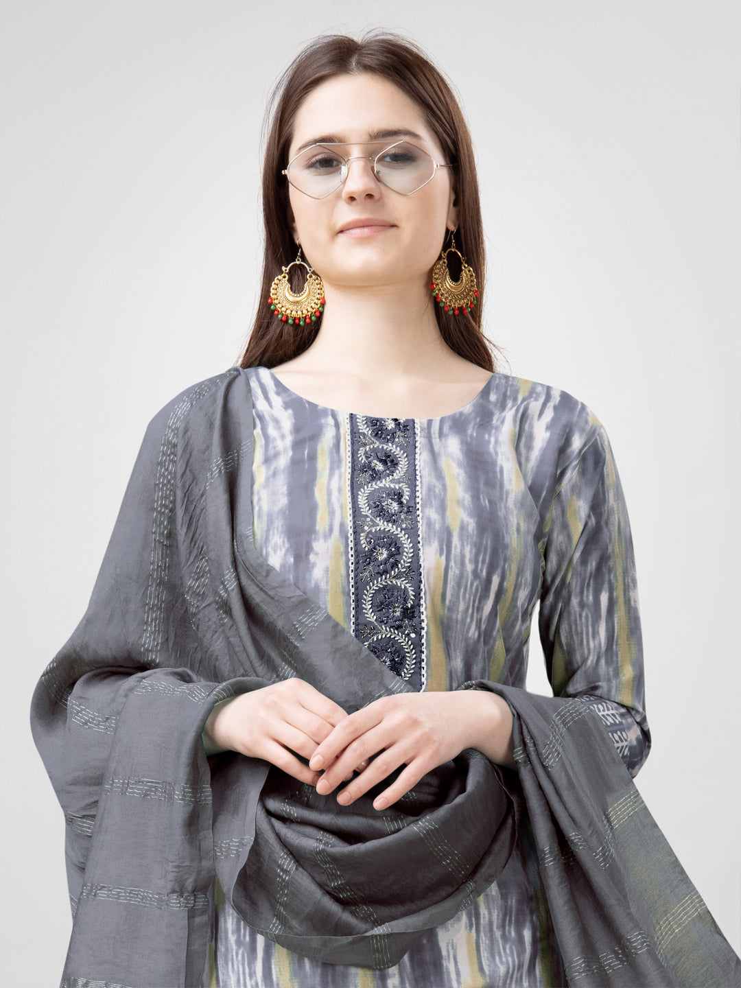 Women Rayon Embroidery Work Stitched Grey Kurti Set With Silk Blend Multicolor Dupatta