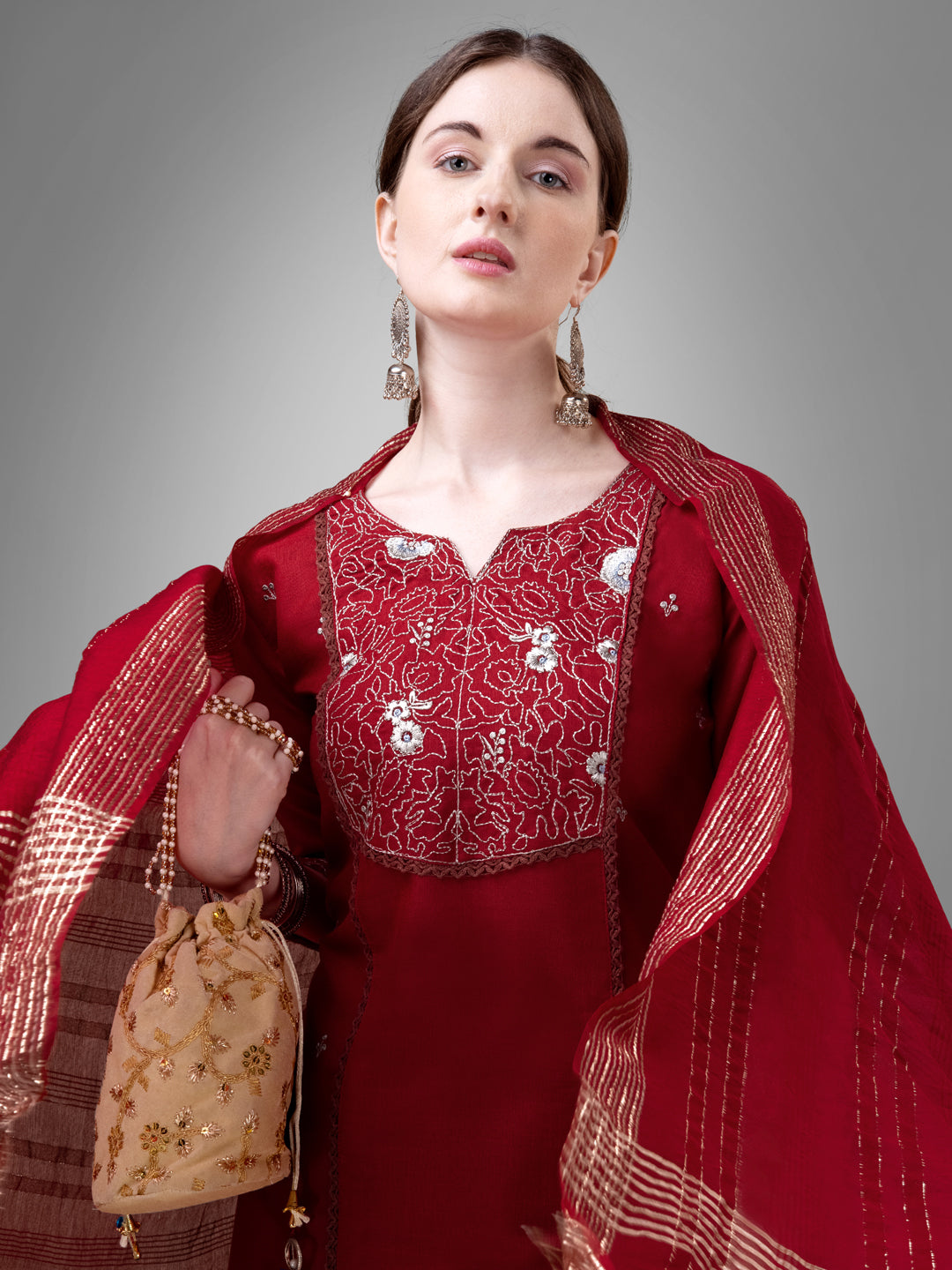 Women Cotton Blend Embroidery Work Stitched Maroon Kurti Set With Silk Blend Multicolor Dupatta