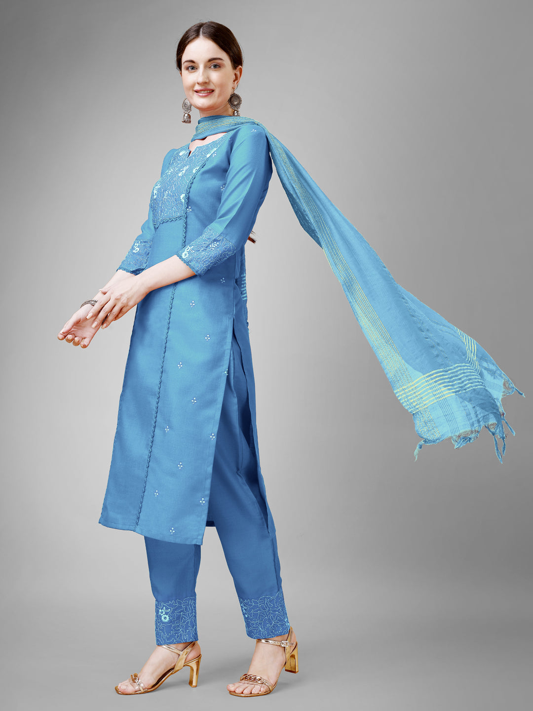 Women Cotton Blend Embroidery Work Stitched Sky Blue Kurti Set With Silk Blend Multicolor Dupatta