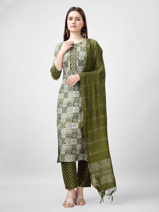 Women Rayon Embroidery Work Stitched Green Kurti Set With Silk Blend Multicolor Dupatta