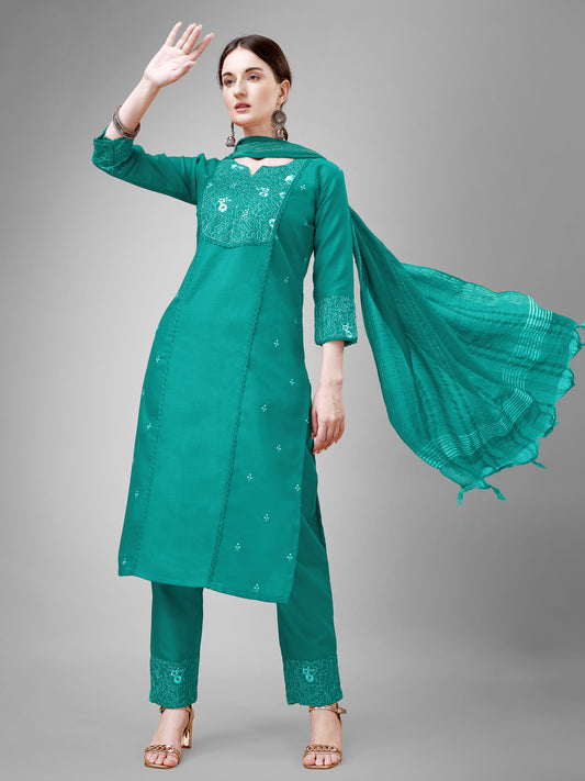 Women Cotton Blend Embroidery Work Stitched Rama Kurti Set With Silk Blend Multicolor Dupatta