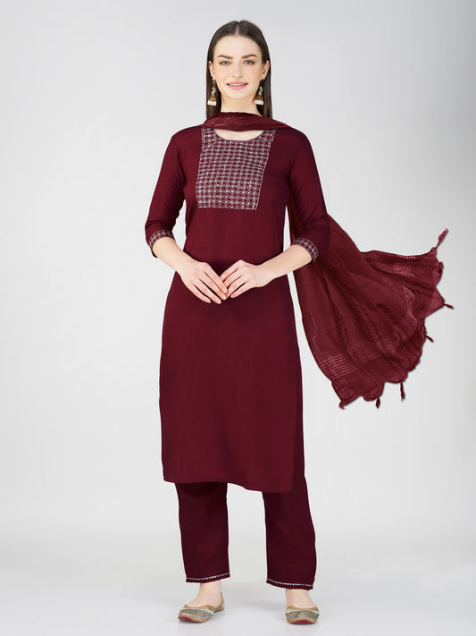 Women Cotton Blend Embroidery Work Stitched Maroon Kurti Set With Silk Blend Multicolor Dupatta