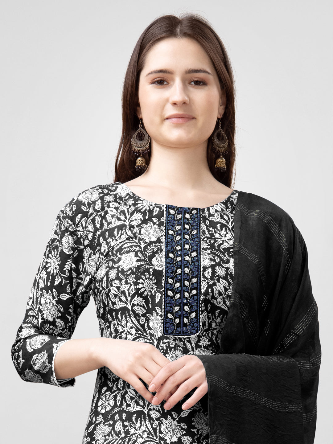 Women Rayon Embroidery Work Stitched Black Kurti Set With Silk Blend Multicolor Dupatta