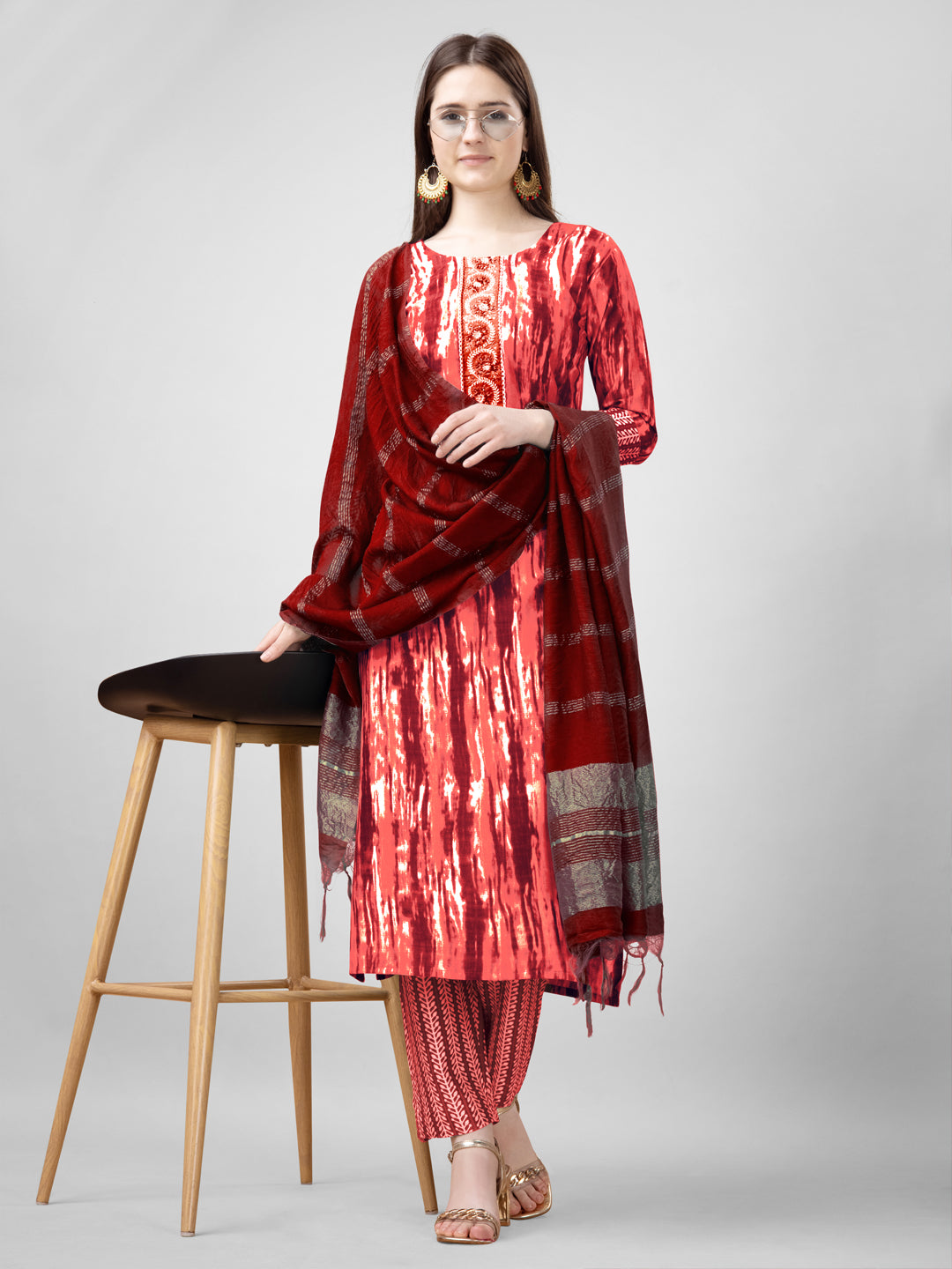 Women Rayon Embroidery Work Stitched Orange Kurti Set With Silk Blend Multicolor Dupatta