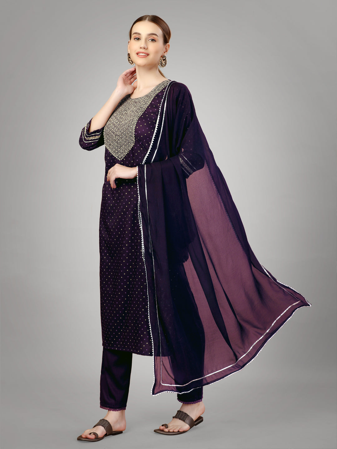 Women Silk Blend Embroidery Work Stitched Purple Kurti Set With Silk Blend Multicolor Dupatta