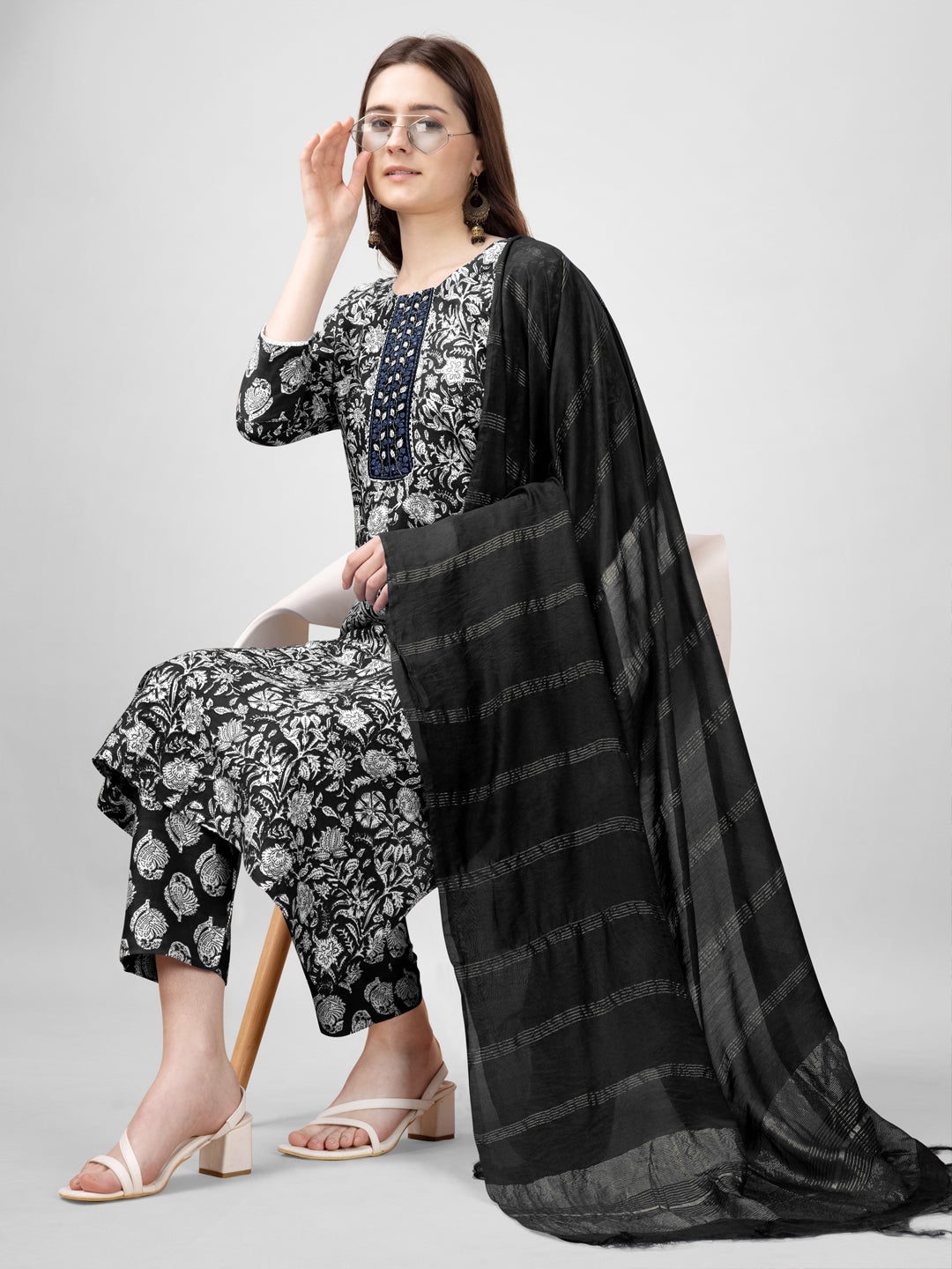 Women Rayon Embroidery Work Stitched Black Kurti Set With Silk Blend Multicolor Dupatta