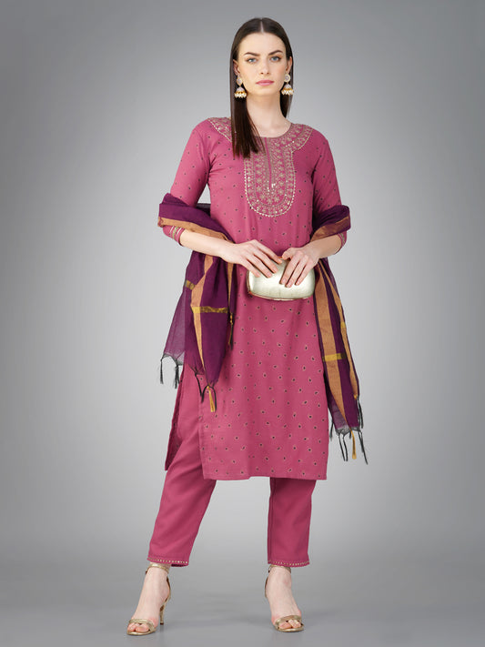 Women Cotton Blend Embroidery Work Stitched Wine Kurti Set With Silk Blend Multicolor Dupatta