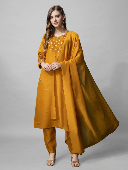 Women Cotton Blend Embroidery Work Stitched Mustard Kurti Set With Silk Blend Multicolor Dupatta