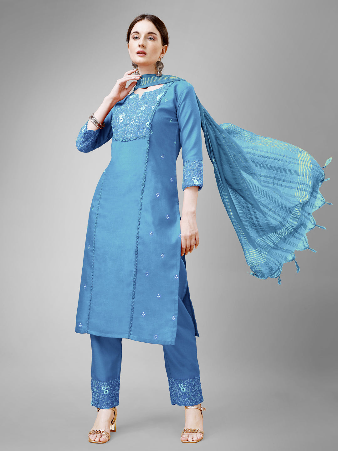 Women Cotton Blend Embroidery Work Stitched Sky Blue Kurti Set With Silk Blend Multicolor Dupatta