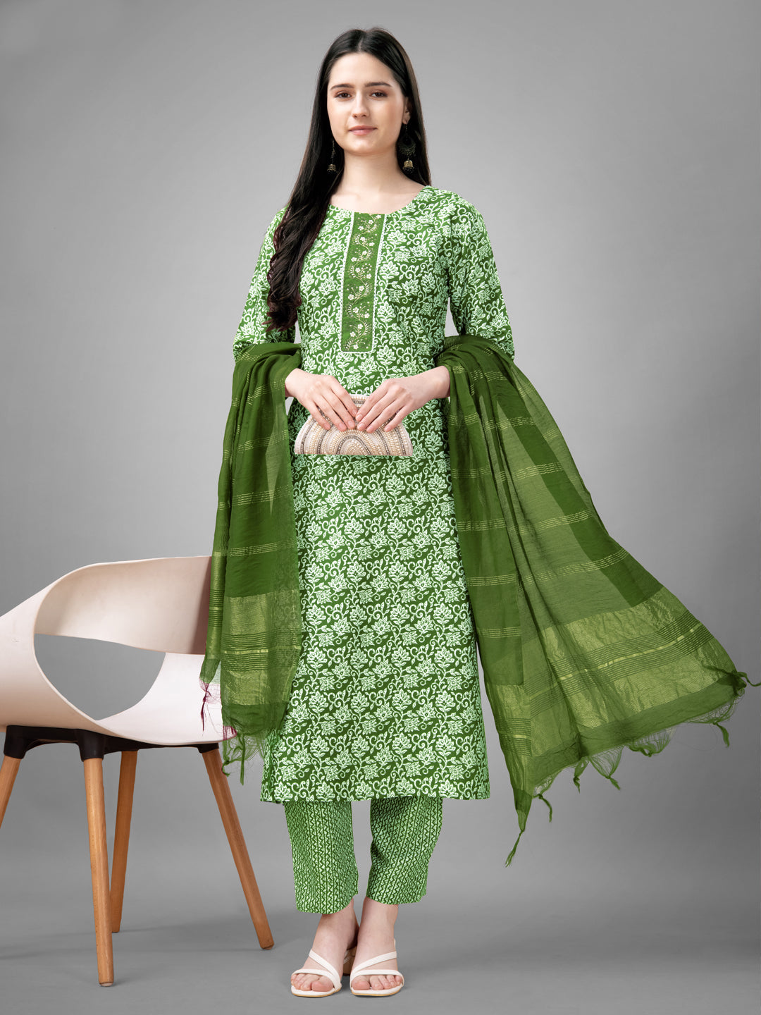 Women Rayon Embroidery Work Stitched Green Kurti Set With Silk Blend Multicolor Dupatta