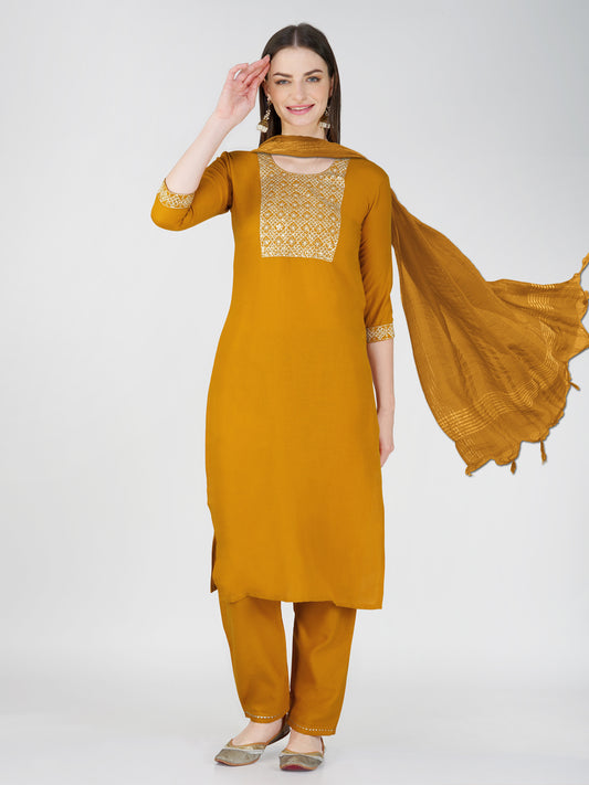 Women Cotton Blend Embroidery Work Stitched Yellow Kurti Set With Silk Blend Multicolor Dupatta