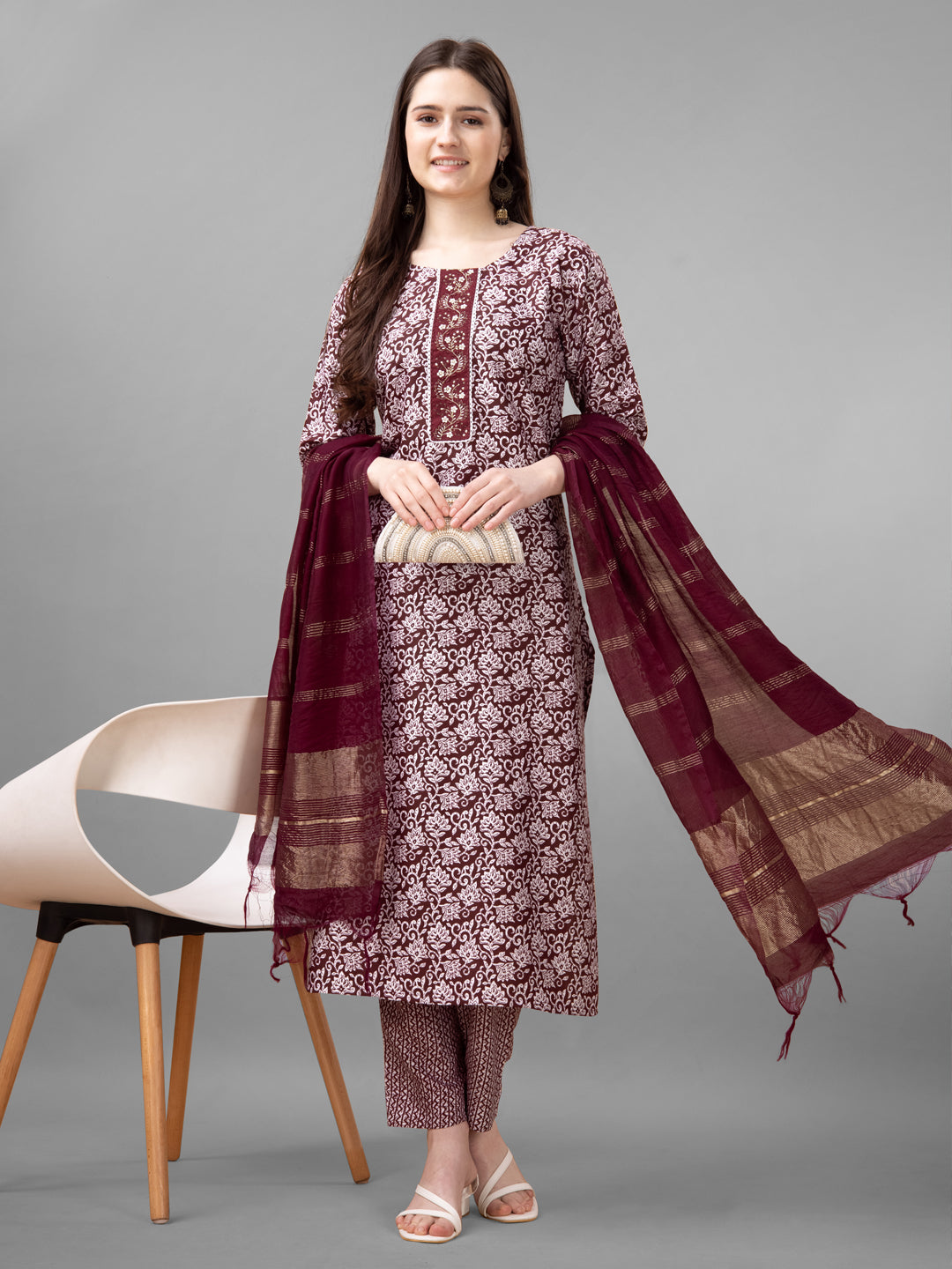 Women Rayon Embroidery Work Stitched Maroon Kurti Set With Silk Blend Multicolor Dupatta