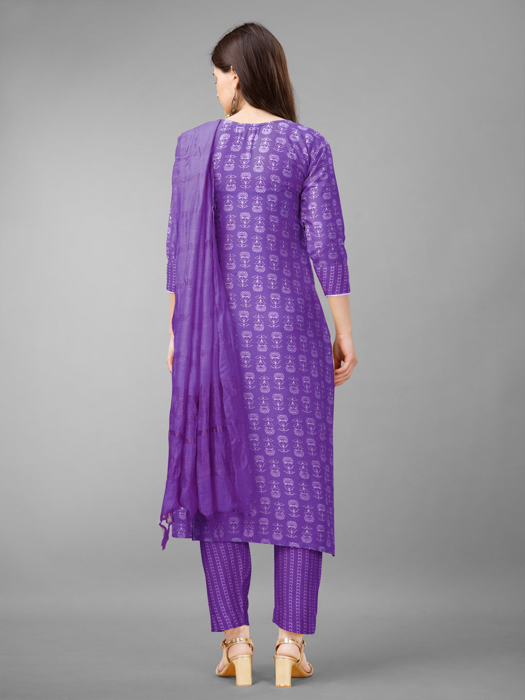 Women Rayon Embroidery Work Stitched Purple Kurti Set With Silk Blend Multicolor Dupatta