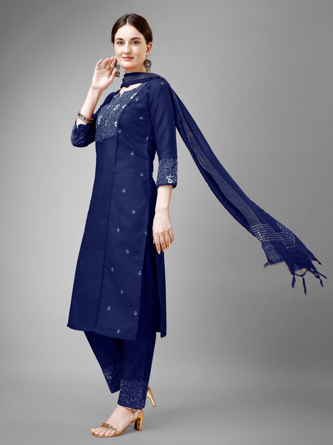 Women Cotton Blend Embroidery Work Stitched Navy Blue Kurti Set With Silk Blend Multicolor Dupatta