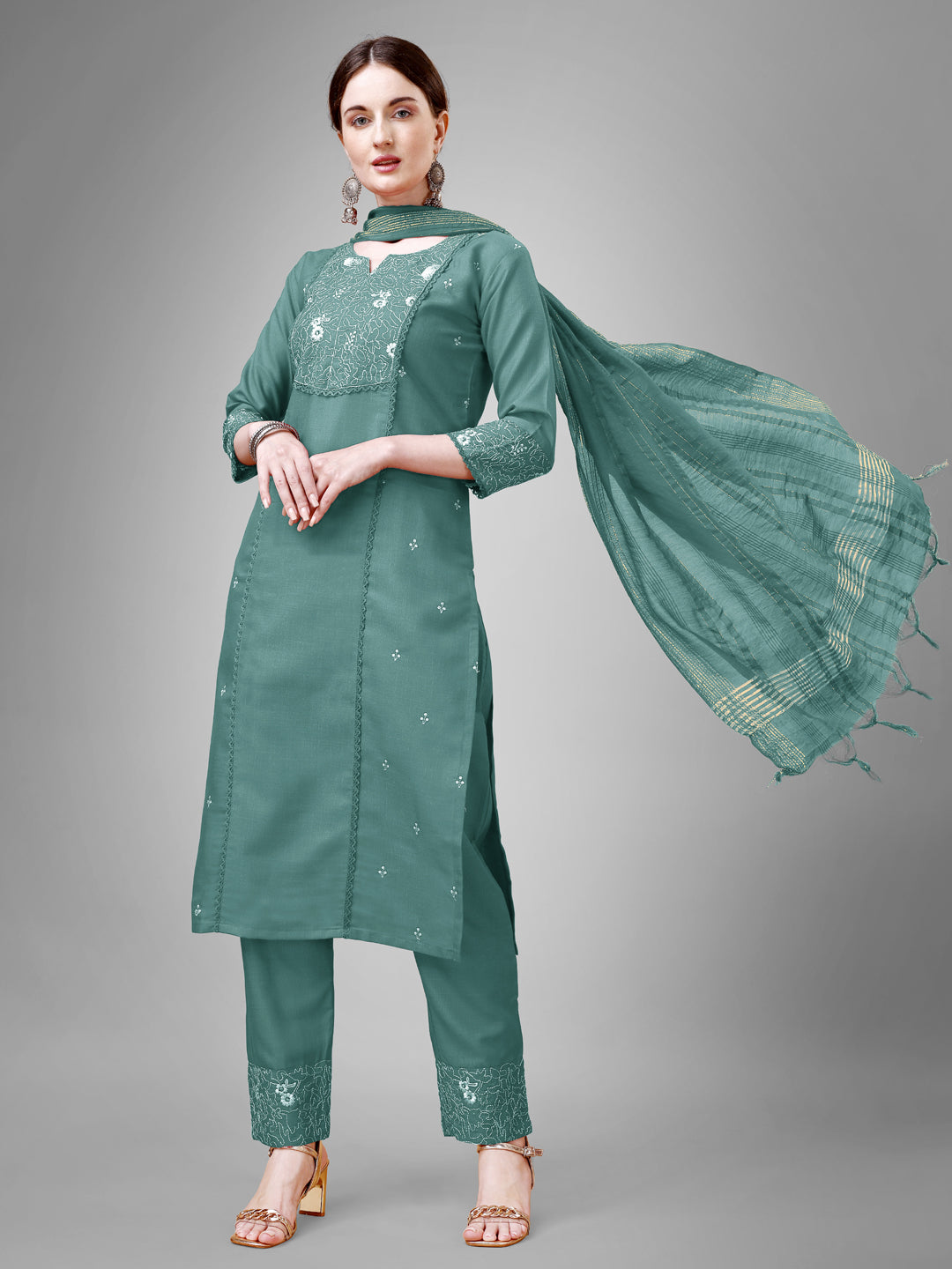 Women Cotton Blend Embroidery Work Stitched Teal Kurti Set With Silk Blend Multicolor Dupatta