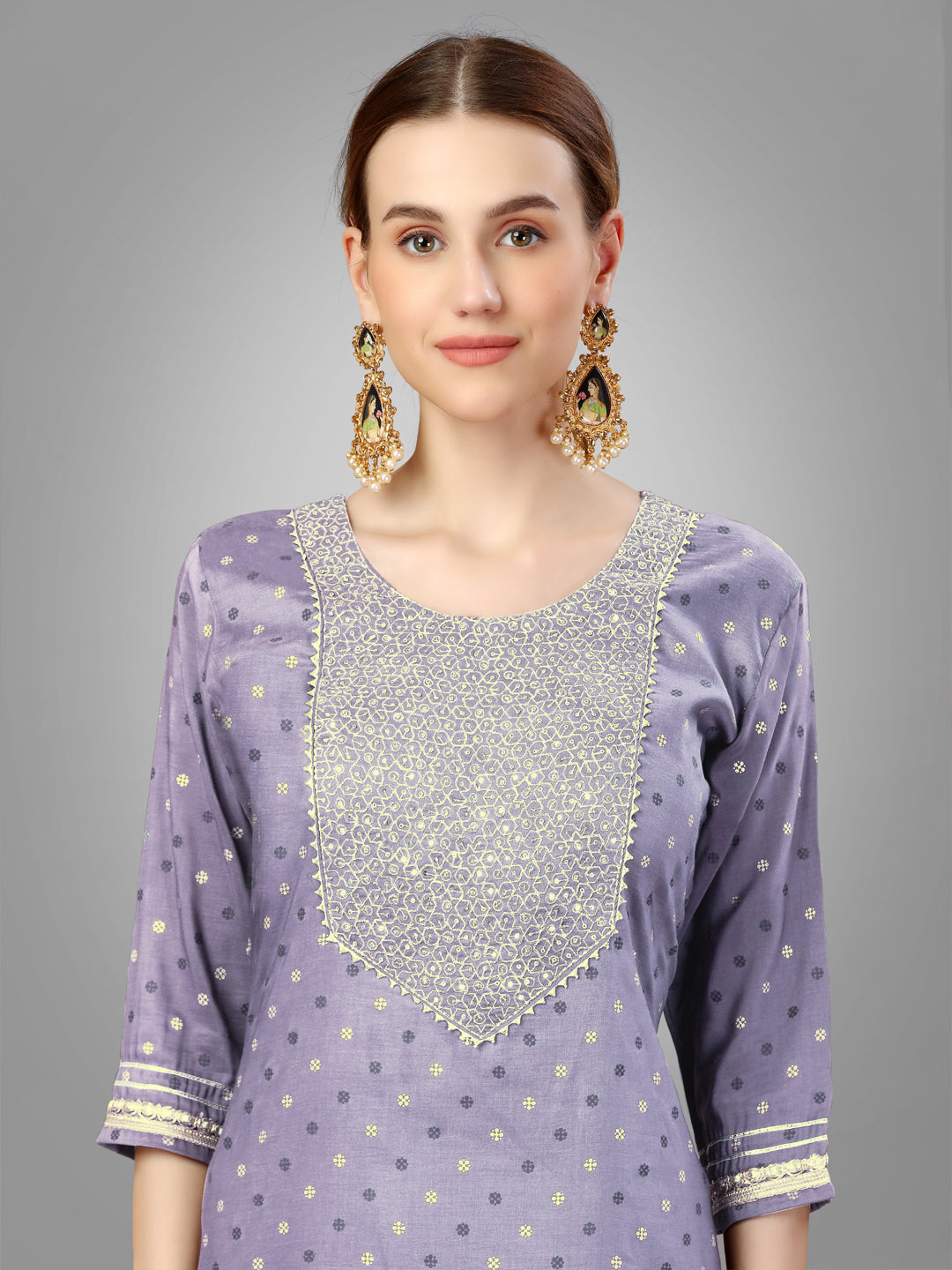 Women Silk Blend Embroidery Work Stitched Lavendar Kurti Set With Silk Blend Multicolor Dupatta