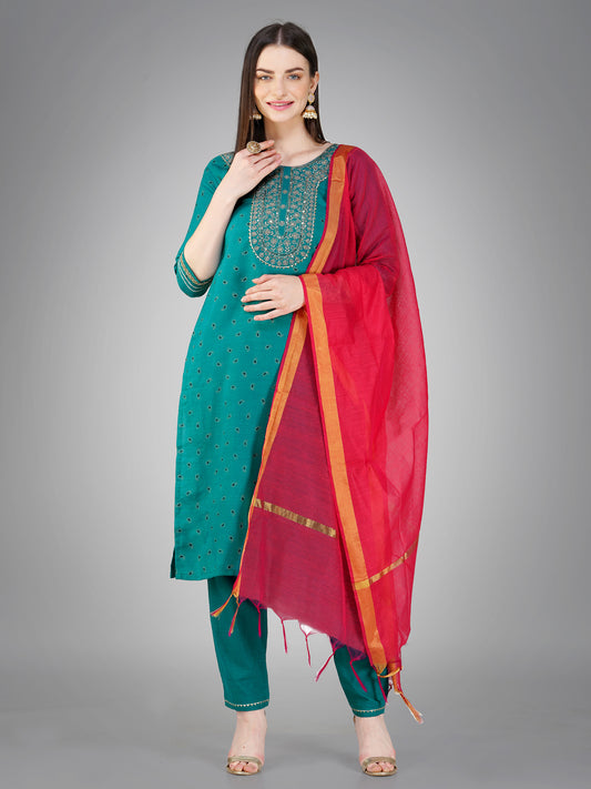 Women Cotton Blend Embroidery Work Stitched Rama Kurti Set With Silk Blend Multicolor Dupatta