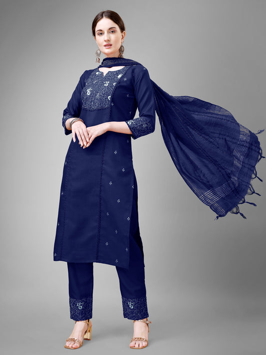 Women Cotton Blend Embroidery Work Stitched Navy Blue Kurti Set With Silk Blend Multicolor Dupatta