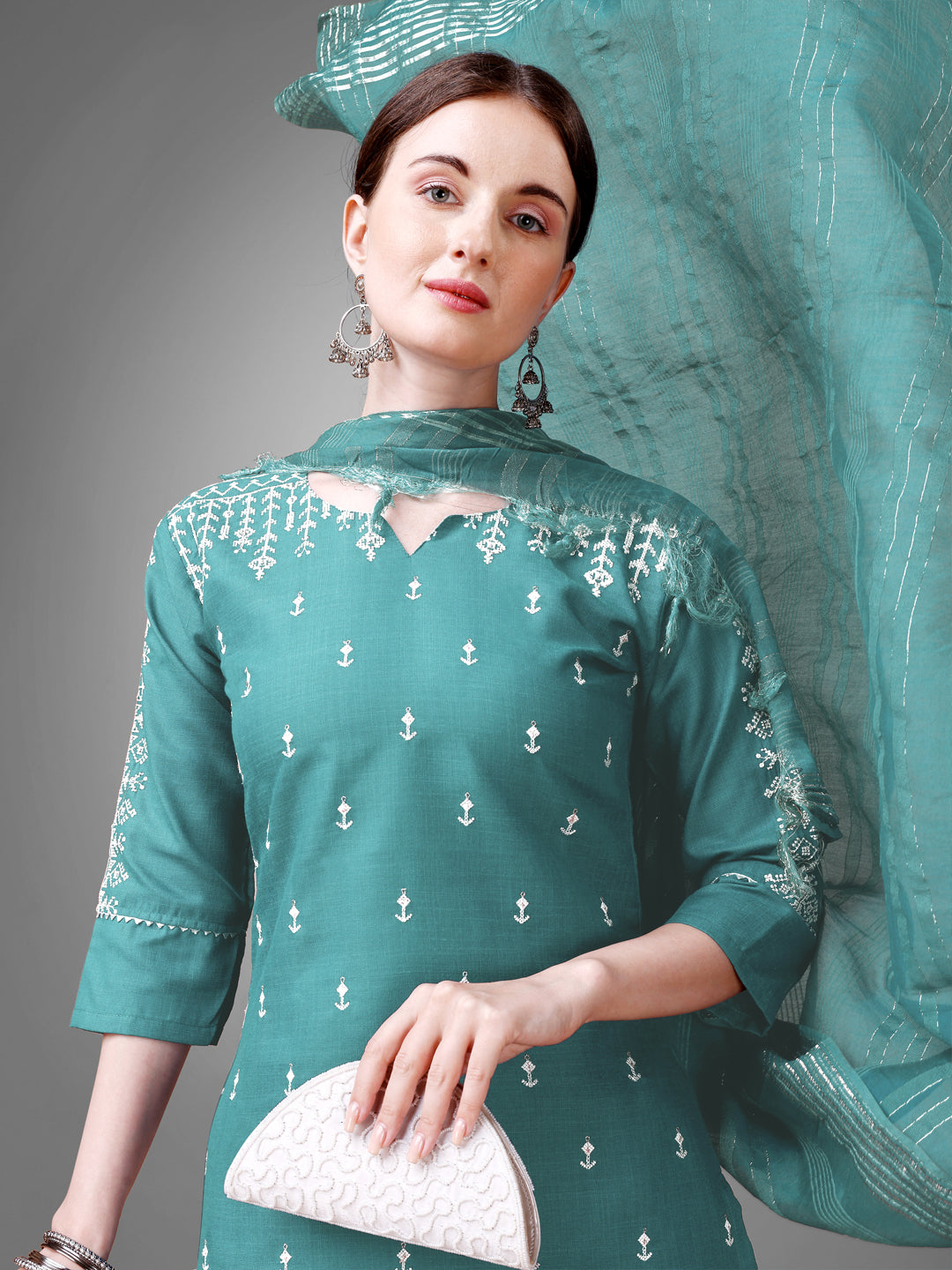 Women Cotton Blend Embroidery Work Stitched Teal Kurti Set With Silk Blend Multicolor Dupatta