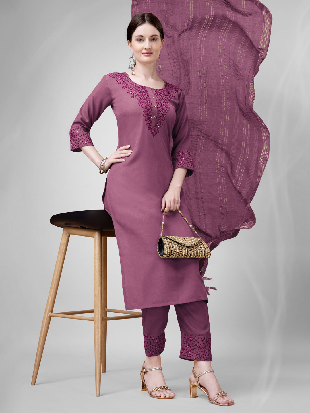 Women Cotton Blend Embroidery Work Stitched Wine Kurti Set With Silk Blend Multicolor Dupatta