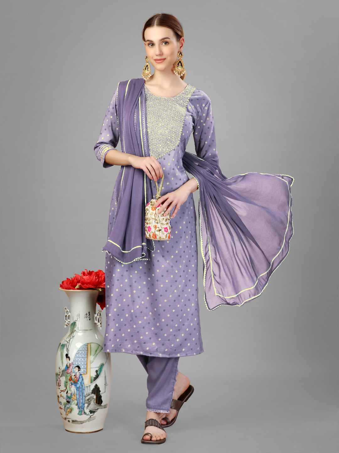 Women Silk Blend Embroidery Work Stitched Lavendar Kurti Set With Silk Blend Multicolor Dupatta