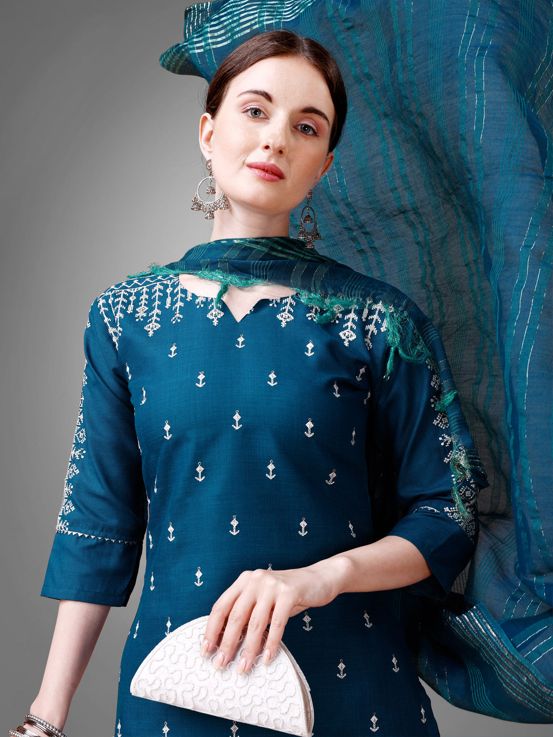 Women Cotton Blend Embroidery Work Stitched Morpich Kurti Set With Silk Blend Multicolor Dupatta