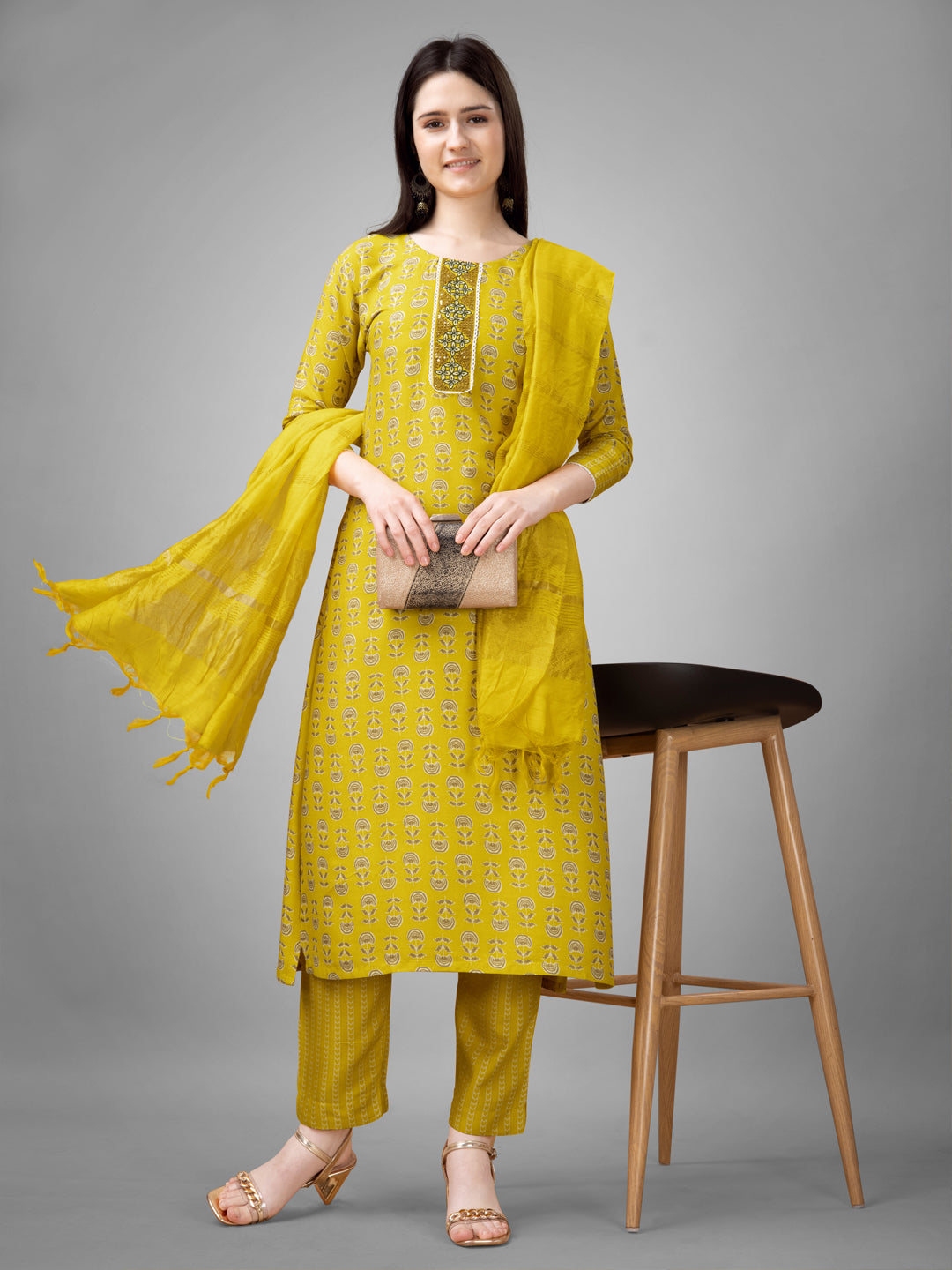 Women Rayon Embroidery Work Stitched Yellow Kurti Set With Silk Blend Multicolor Dupatta