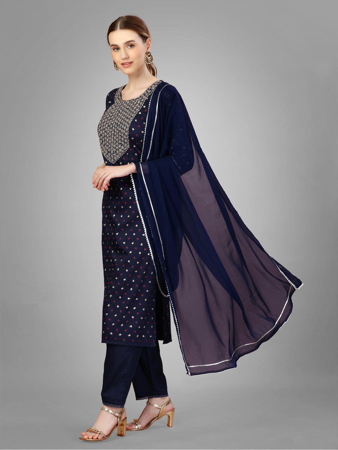 Women Silk Blend Embroidery Work Stitched Navy Blue Kurti Set With Silk Blend Multicolor Dupatta