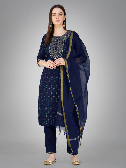 Women Cotton Blend Embroidery Work Stitched Navy Blue Kurti Set With Silk Blend Multicolor Dupatta