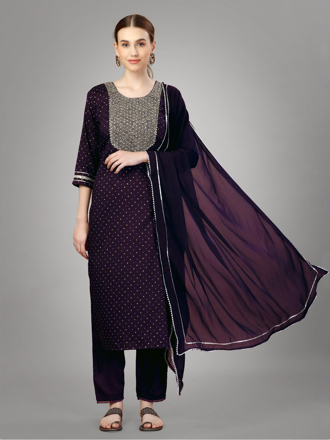 Women Silk Blend Embroidery Work Stitched Purple Kurti Set With Silk Blend Multicolor Dupatta