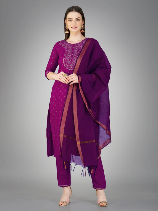 Women Cotton Blend Embroidery Work Stitched Purple Kurti Set With Silk Blend Multicolor Dupatta