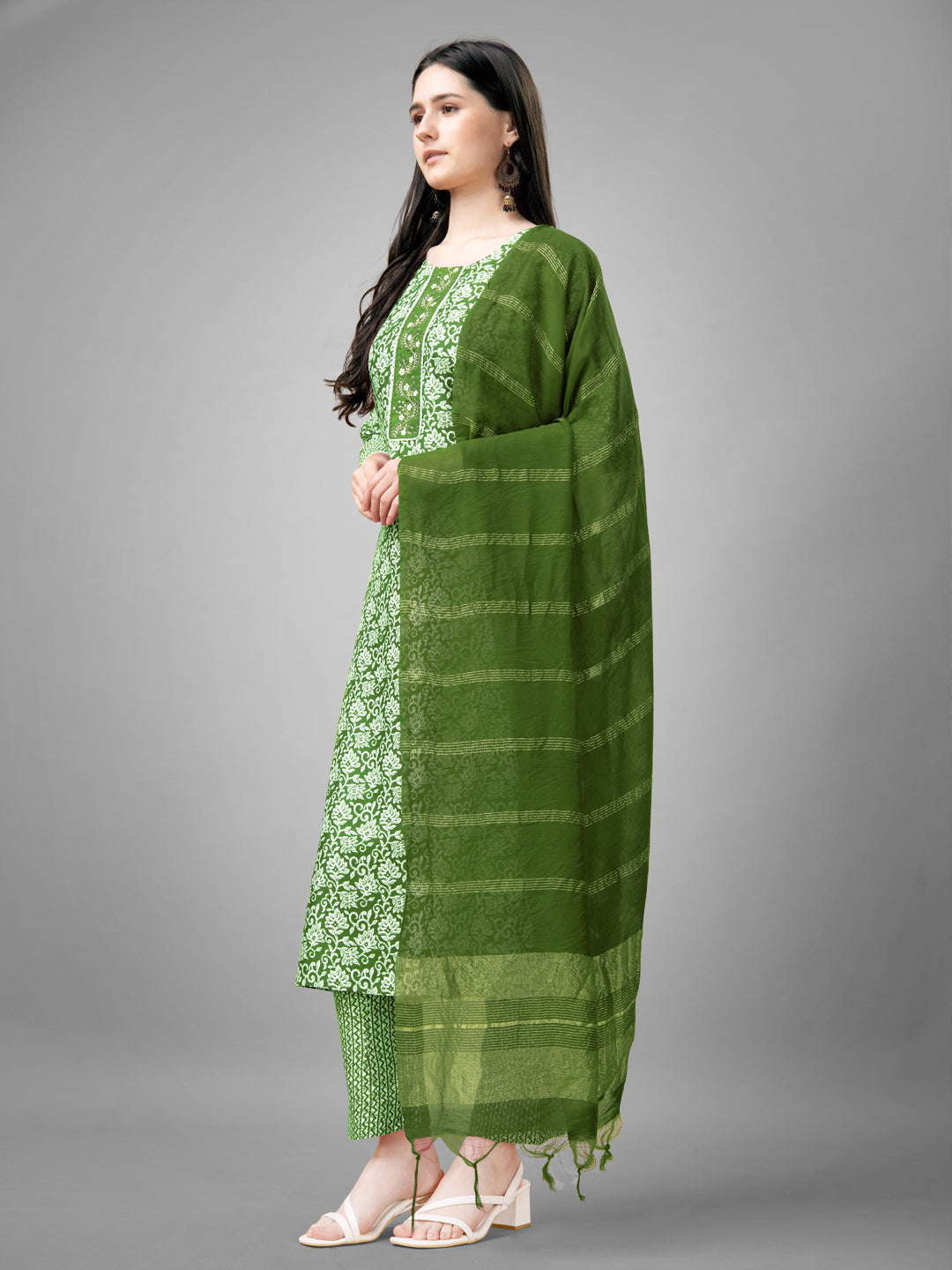 Women Rayon Embroidery Work Stitched Green Kurti Set With Silk Blend Multicolor Dupatta