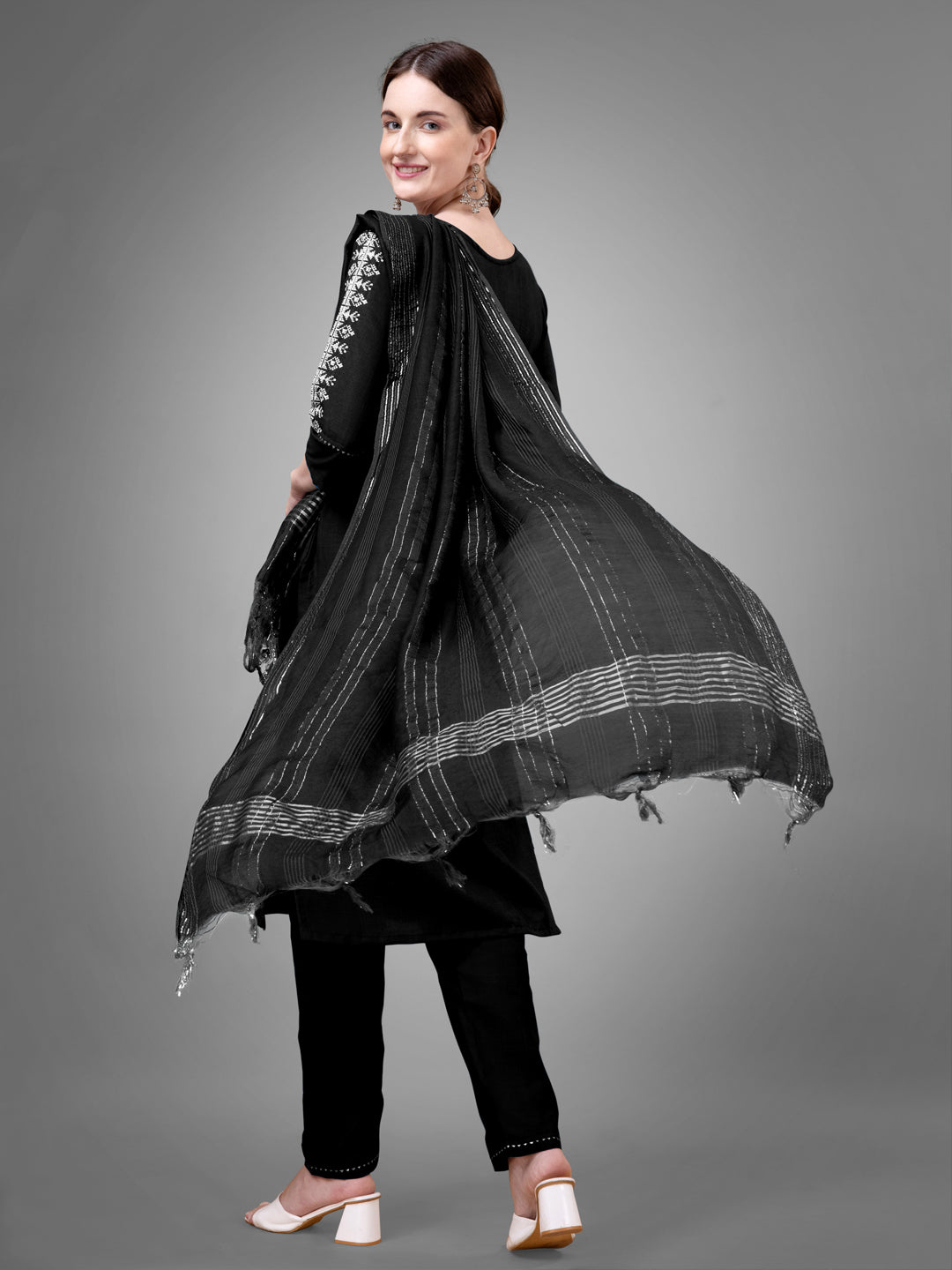 Women Cotton Blend Embroidery Work Stitched Black Kurti Set With Silk Blend Multicolor Dupatta