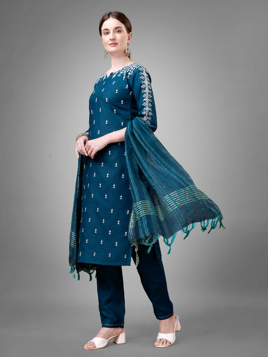 Women Cotton Blend Embroidery Work Stitched Morpich Kurti Set With Silk Blend Multicolor Dupatta