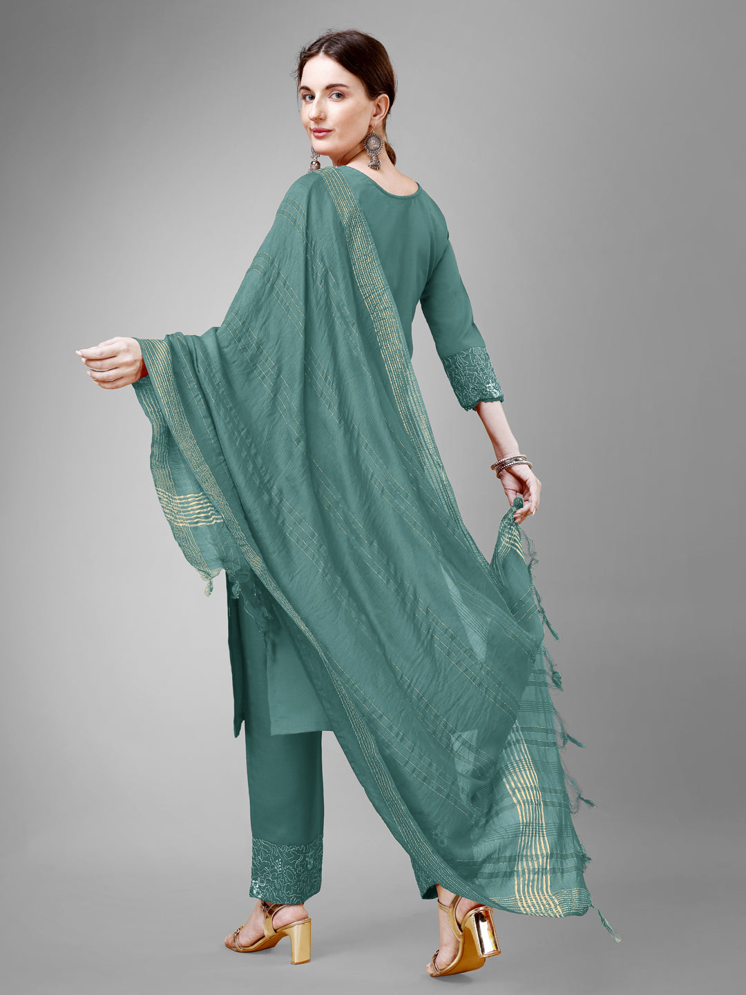 Women Cotton Blend Embroidery Work Stitched Teal Kurti Set With Silk Blend Multicolor Dupatta