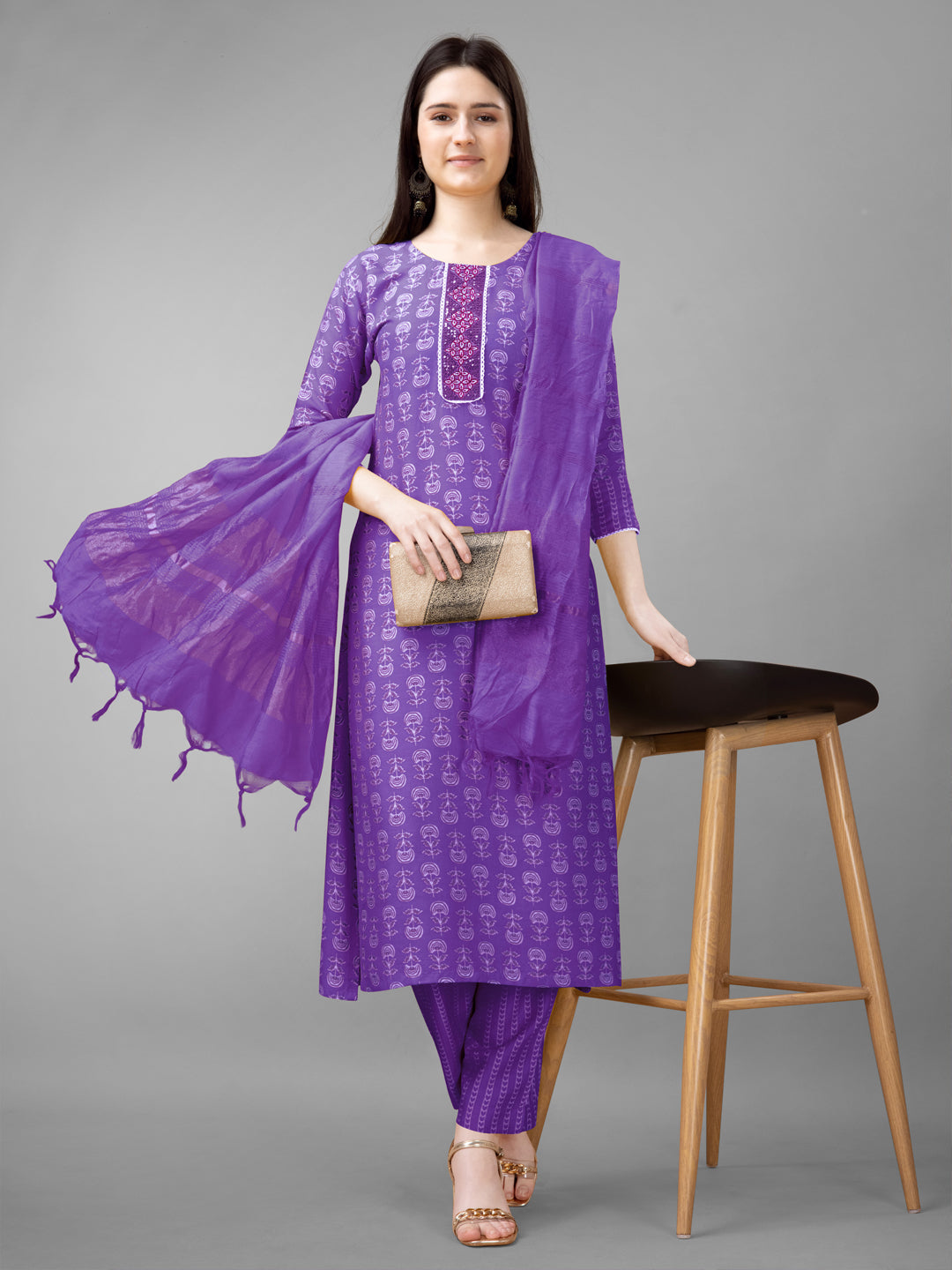 Women Rayon Embroidery Work Stitched Purple Kurti Set With Silk Blend Multicolor Dupatta