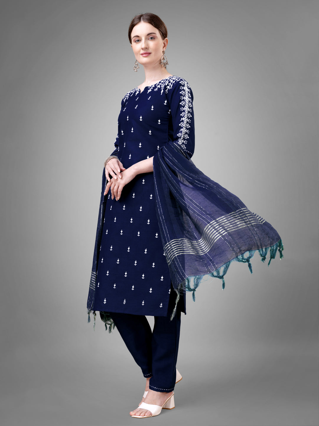 Women Cotton Blend Embroidery Work Stitched Navy Blue Kurti Set With Silk Blend Multicolor Dupatta